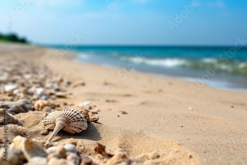 Closeup white sand fine beach with sea background.Generative Ai. © Inlovehem