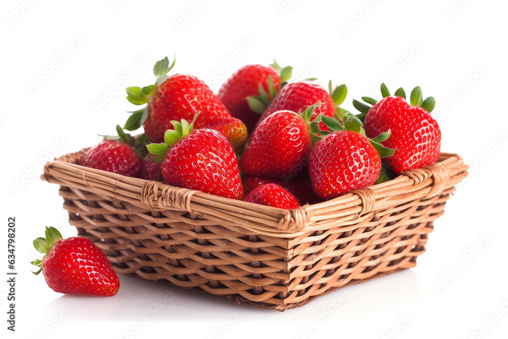 Strawberry in wicker basket isolated on white background.Generative Ai. Strawberry in wicker basket isolated on white background.Generative Ai.
