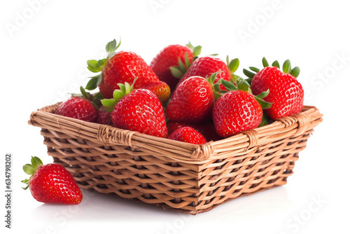 Strawberry in wicker basket isolated on white background.Generative Ai.