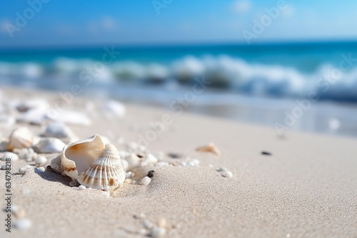 Closeup white sand fine beach with sea background.Generative Ai. © Inlovehem