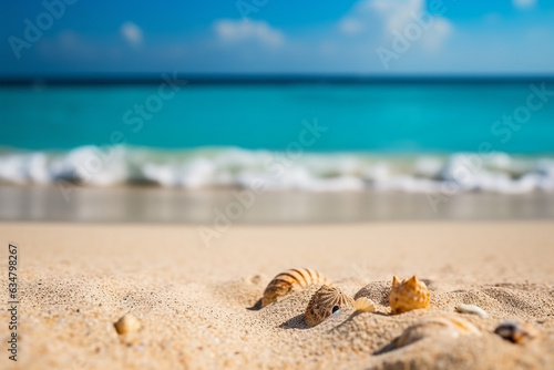 Closeup white sand fine beach with sea background.Generative Ai.