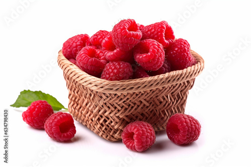 Raspberry in wicker basket  isolated on white background.Generative Ai.