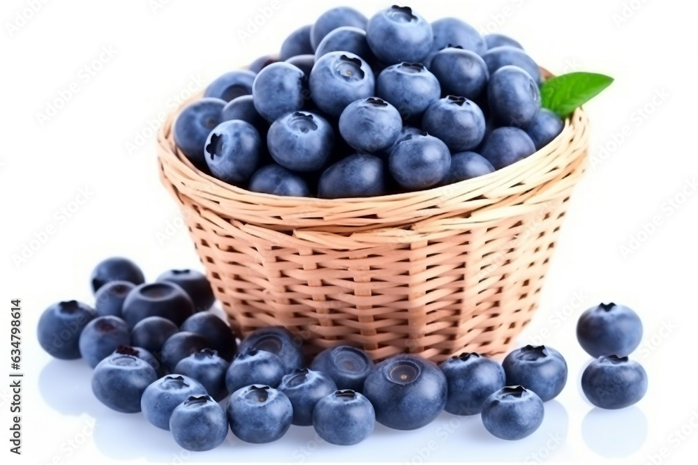 Blueberry in wicker basket isolated on white background.Generative Ai. Blueberry in wicker basket isolated on white background.Generative Ai.