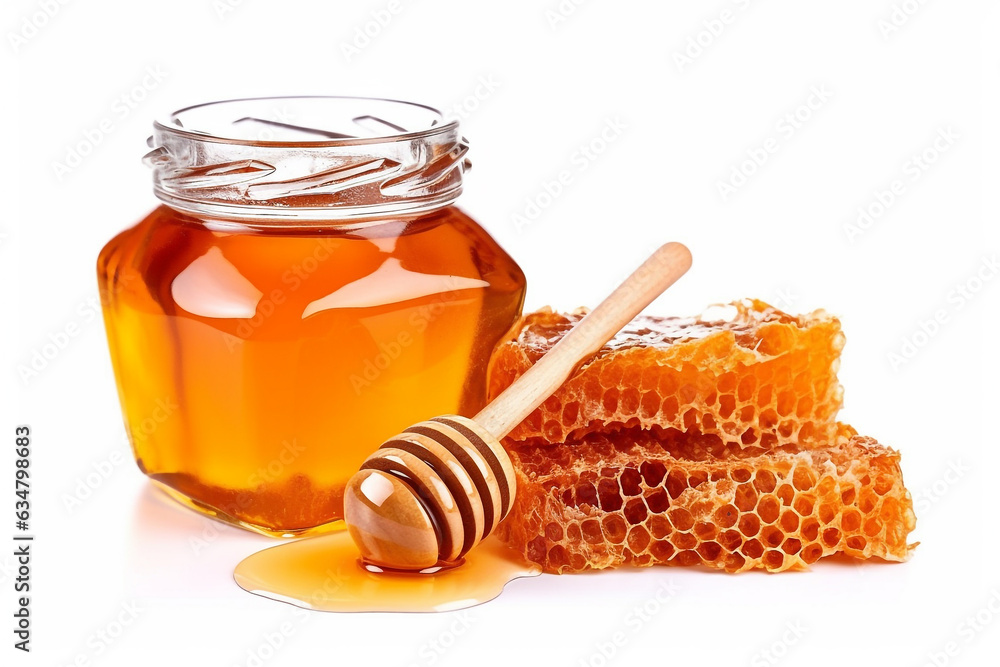 Honey with honeycomb isolated on white background.Generative Ai. Honey with honeycomb isolated on white background.Generative Ai.