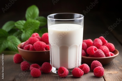 Fresh raspberry smoothie in a glass on a wooden table, next to fresh raspberries and mint leaves.