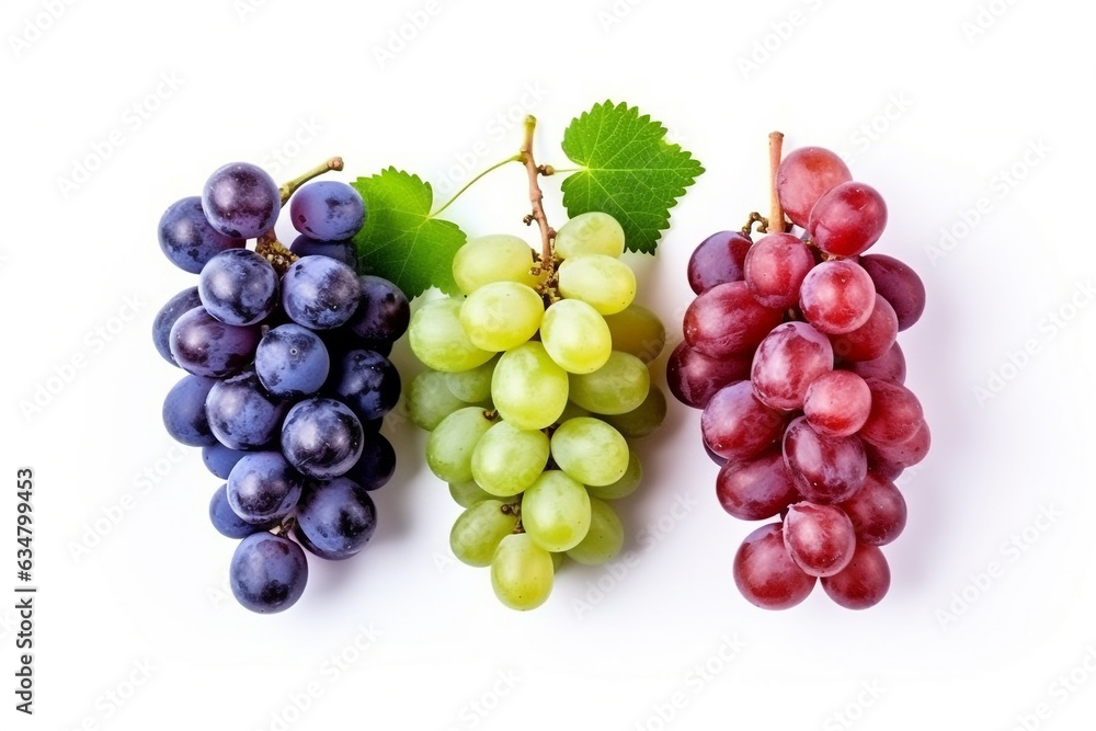 Mix of grapes with leaves isolated on the white background.Generative Ai.