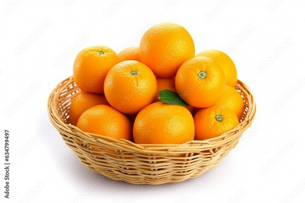 Orange in wicker basket isolated on white background.Generative Ai. Orange in wicker basket isolated on white background.Generative Ai.