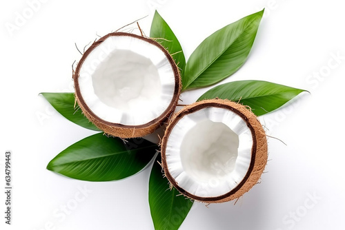 Top view coconut with leaves isolated on white background.Generative Ai.