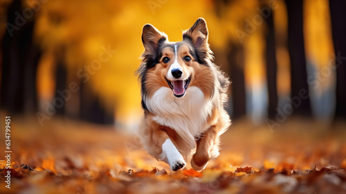 Autumnal Joy, Energetic Collie Dog's Playful Run through the Park. Generative AI