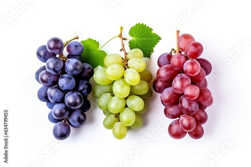 Mix of grapes with leaves isolated on the white background.Generative Ai.