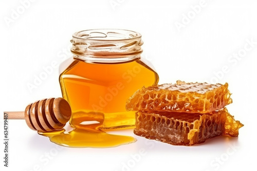 Honey with honeycomb isolated on white background.Generative Ai.