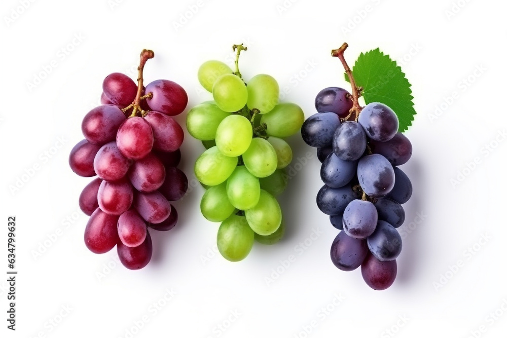 Mix of grapes with leaves isolated on the white background.Generative Ai. Mix of grapes with leaves isolated on the white background.Generative Ai.