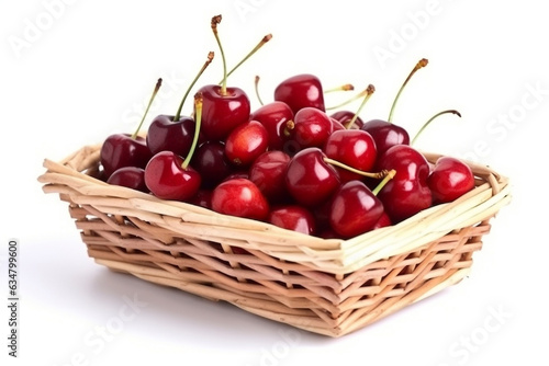 Cherries in the wicker basket isolated on white background.Generative Ai.
