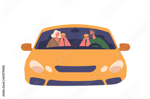 Couple Enjoying Burgers In Car, Smiles And Laughter As They Share A Meal. Grease-stained Fingers And Content Expressions