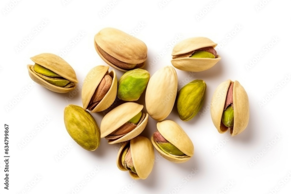 Pistachios isolated on white background.Generative Ai. Pistachios isolated on white background.Generative Ai.