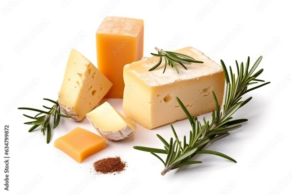 Cheese And Rosemary on white background.Generative Ai. Cheese And Rosemary on white background.Generative Ai.