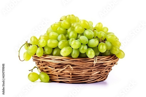 Green grape in wicker basket isolated on white background.Generative Ai.