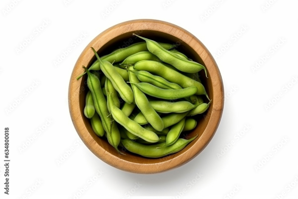 Longbeans in wooden bowl isolated on a white background.Generative Ai. Longbeans in wooden bowl isolated on a white background.Generative Ai.