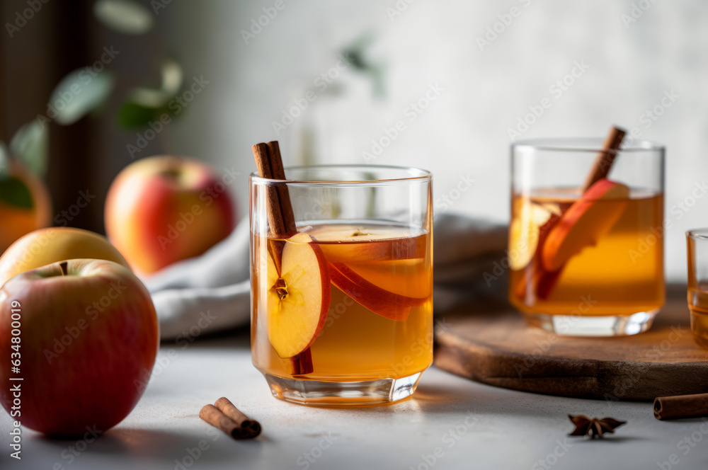 Homemade Apple Cider with cinnamon sticks and apple slices served in two glasses with fresh red apples on background. Horizontal, side view. Homemade Apple Cider with cinnamon sticks and apple slices served in two glasses with fresh red apples on background. Horizontal, side view.