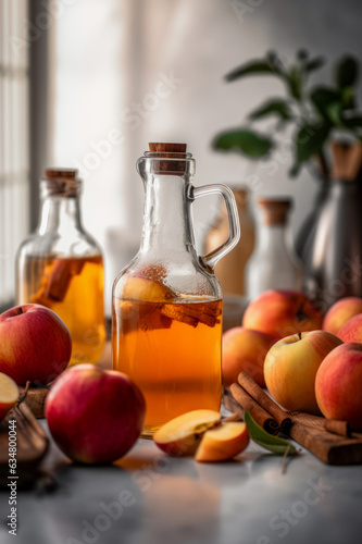 Homemade apple Cider in a glass bottles with fresh red apples and cinnamon sticks on background. Vertical ,side view