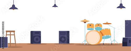 Empty Stage With Drum Kit, Stool and Dynamics Poised For A Mesmerizing Performance. Anticipation Fills The Air