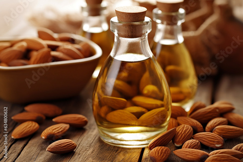 Almond oil with almond on the table background.Generative Ai. photo