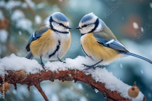 Titmouse birds on branch  with snow winter.Generative Ai. © Inlovehem