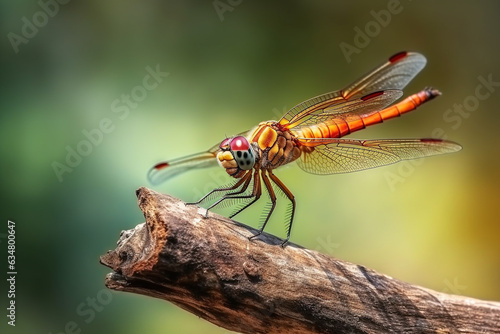 Dragonfly on flower with green background.Generative Ai.