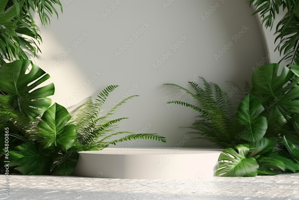 Obraz premium Empty round podium for product presentation with tropical leaf background.Generative Ai.