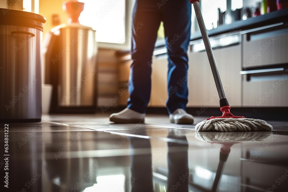 Fototapeta premium Butler using a mop in the kitchen.Generative Ai.