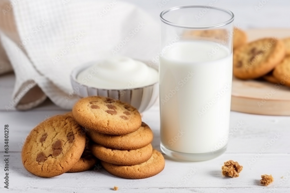 Milk with cookies on white wooden background.Generative Ai. Milk with cookies on white wooden background.Generative Ai.
