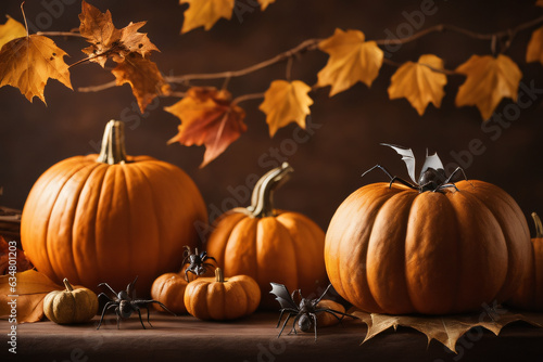 Halloween background with pumpkins and leaves