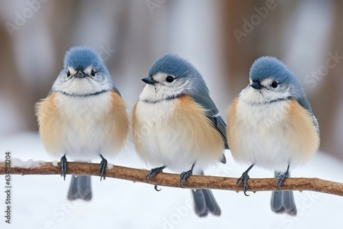 Titmouse birds on branch with snow winter.Generative Ai.