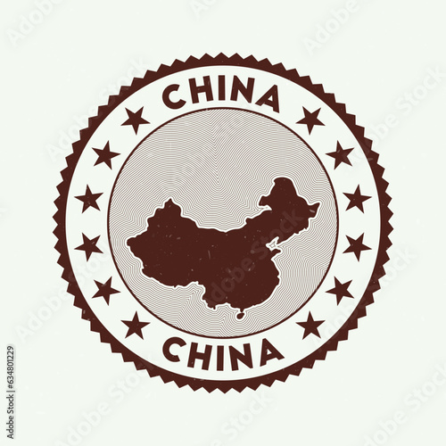 China emblem. Country round stamp with shape of China, isolines and round text. Awesome badge. Elegant vector illustration.