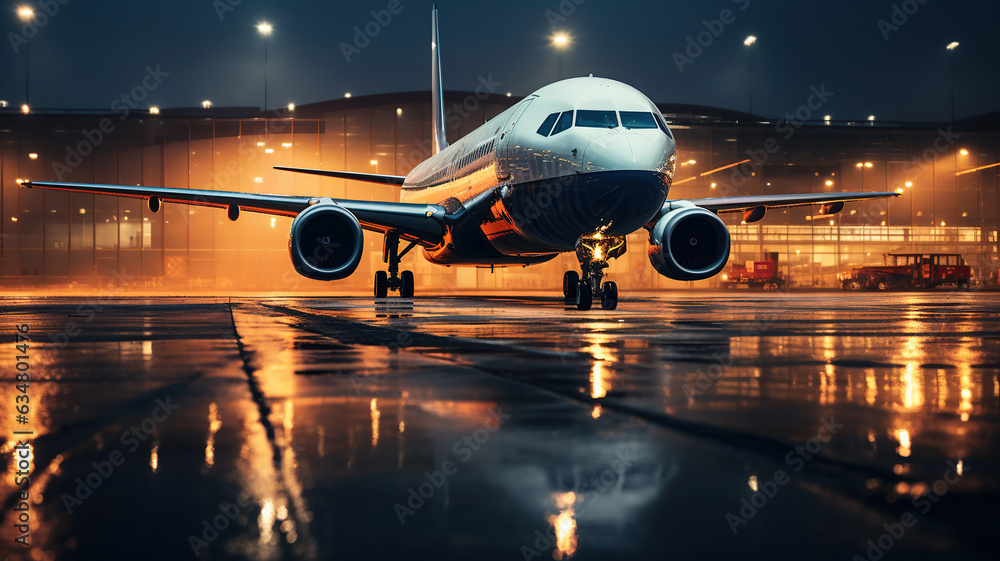 Night Skies and Runway Lights, Airplane Gearing Up for Nighttime Journey. Generative AI Night Skies and Runway Lights, Airplane Gearing Up for Nighttime Journey. Generative AI