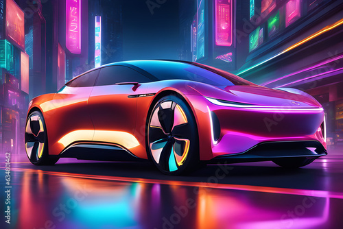 futuristic electric car on cityscape illuminated by colorful neon lights