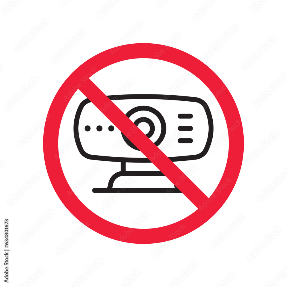 Prohibited web camera vector icon. No webcam icon. Forbidden camera icon. No web camera sign. Warning, caution, attention, restriction, danger flat sign design symbol pictogram Prohibited web camera vector icon. No webcam icon. Forbidden camera icon. No web camera sign. Warning, caution, attention, restriction, danger flat sign design symbol pictogram