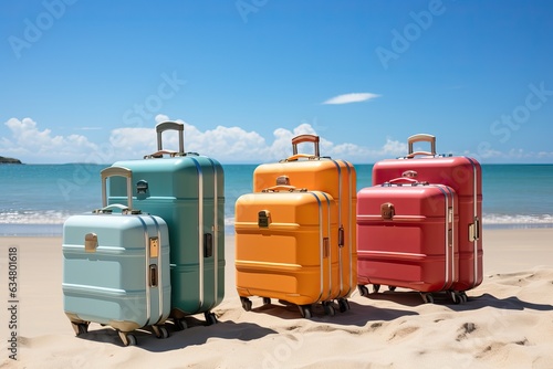 Plusieurs valises sur une plage de vacance (ia générative)