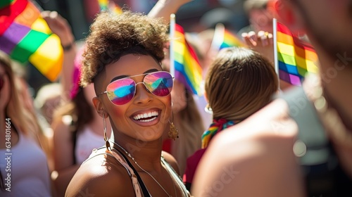 Happy man and woman with hands raised holding rainbow flags while enjoying in gay pride parade Capturing the Beauty of Nature with Radiant Smiles,ai generate © VERTEX SPACE