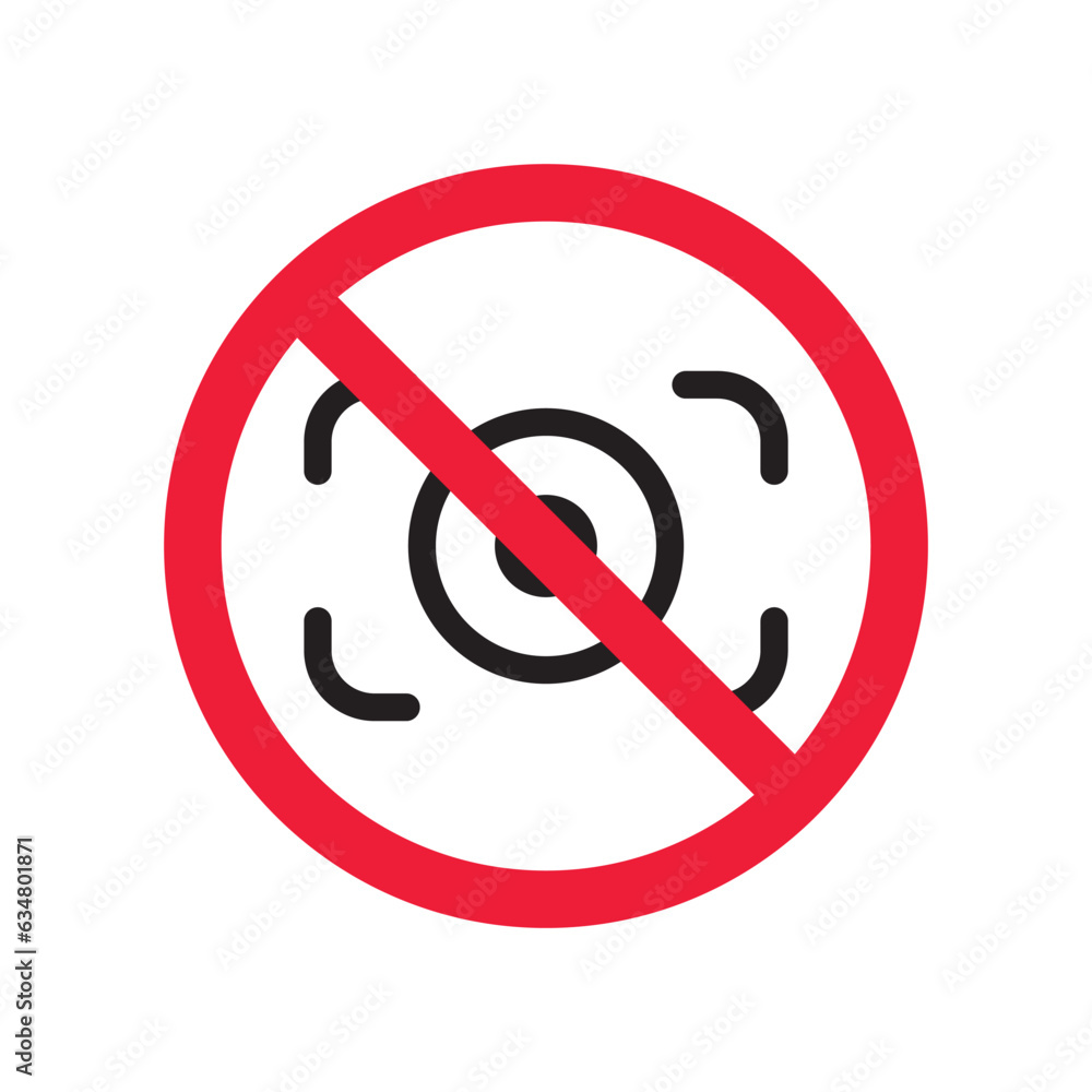 Prohibited web camera vector icon. No webcam icon. Forbidden camera icon. No web camera sign. Warning, caution, attention, restriction, danger flat sign design symbol pictogram