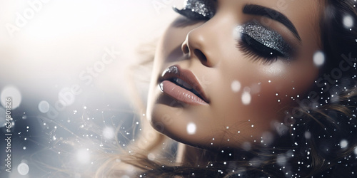 A young woman with long blonde hair, eyes closed, enjoys the winter snowfall. Her makeup shimmers, adding a touch of holiday glamour to her look. A dreamlike portrait in silver and blue.