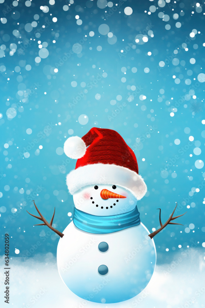 Snowman in a hat on a blue background. minimalism. christmas and new year, winter.