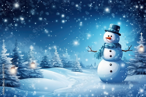 Snowman in a hat on a blue background. night, lights and magic. christmas and new year, winter. fairy forest. © Svetlana