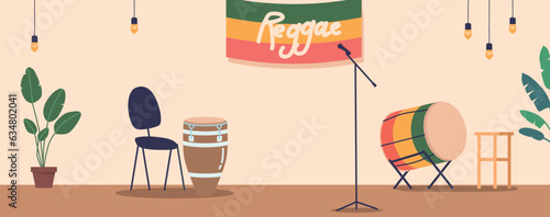 Vibrant Stage Adorned With Reggae Instruments And Gear, Including Microphone, Drums, Chairs with Rasta Flag