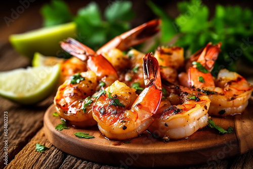 Grilled prawns with lemon and parsley on wooden background.Generative Ai.