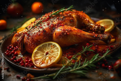 Delicious freshly baked chicken with spices and herb.Generative Ai.
