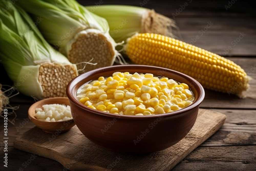 Delicious corn soup with corn on wooden table.Generative Ai. Delicious corn soup with corn on wooden table.Generative Ai.