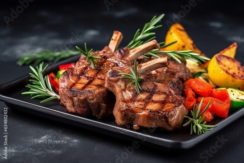 Lamb chops with vegetables on black stone background .Generative Ai. photo