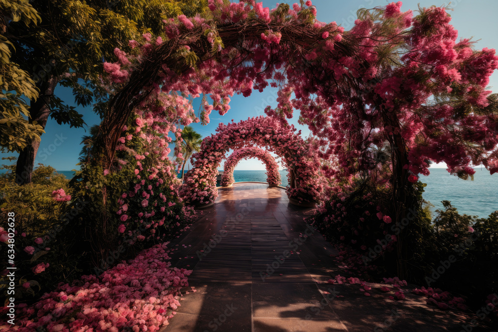 Fototapeta premium Flower arch from pink flower on blue sea background