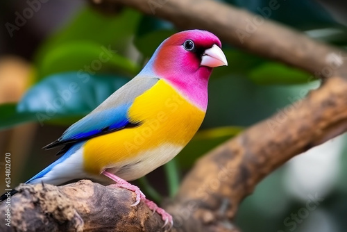 Gouldian finch bird or Erythrura gouldiae with pink flower.Generative Ai.